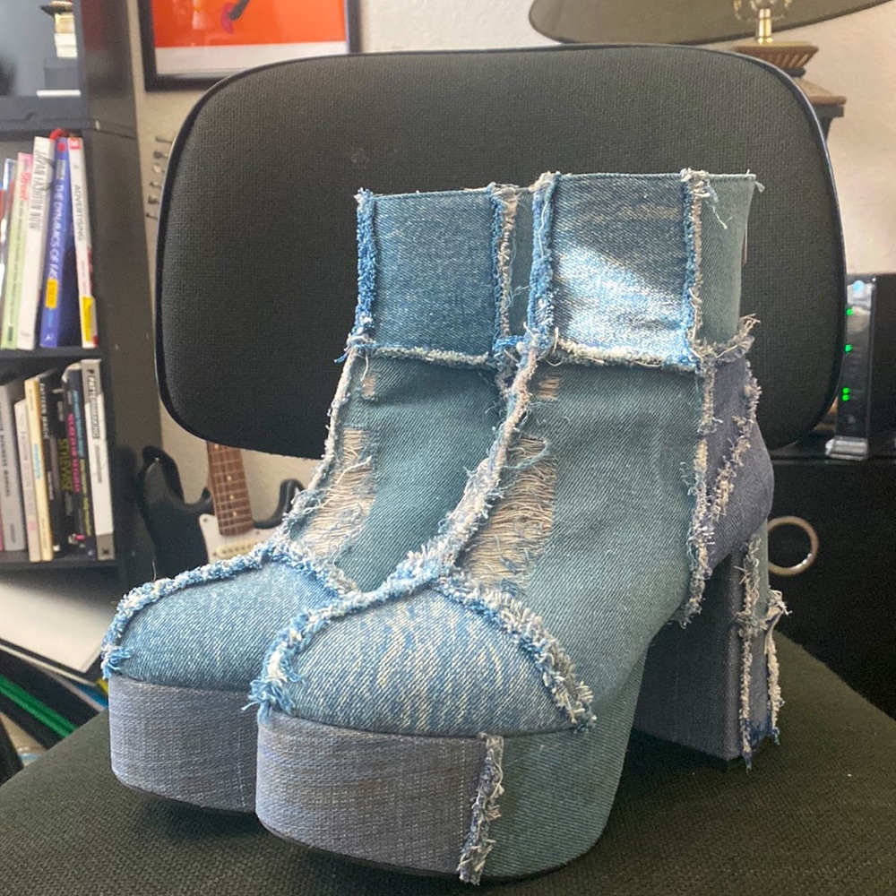 Dolls Kill Current Mood Distressed Denim Platform Boots